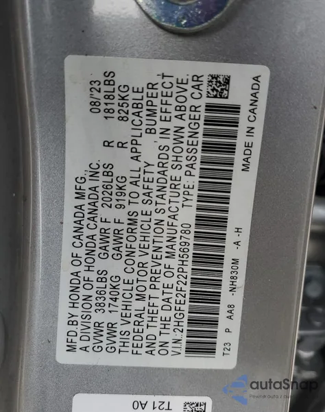 2023 Honda Civic Lx z USA, uszkodzony, nr VIN 2HGFE2F22PH569780